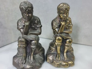 Vintage Set Art Deco Boy Sitting On Books Brass Bookends Book Ends - Picture 1 of 6