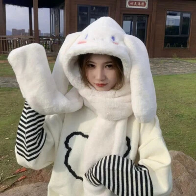 3 en 1 Cinnamoroll Invierno Cálido Felpa Sombrero Gorra Con Capucha Bufanda Guantes para Niñas Mujeres Foto 1 de 4