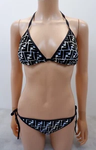 Fendi Womens Velvet Zucca FF Bikini Set Size 42 Uk 10 Black Blue Logo Top Bottom - Picture 1 of 11