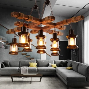 8-Light Rustic Country Chandelier Wood Pendant Lamp Industrial Ceiling Fixture - Picture 1 of 12