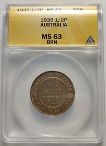 1935 Australia Half Penny 1/2p Copper Coin ANACS Graded MS63BRN Rare Key Date 3B - Picture 1 of 4