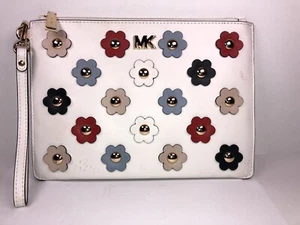  Michael Kors Medium White Leather With Multicolor Floral Appliques Wristlet  - Picture 1 of 5