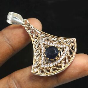 Kenya Blue Tourmaline Lab Diamond Silver Victorian Jewelry Pendant 50 mm d725