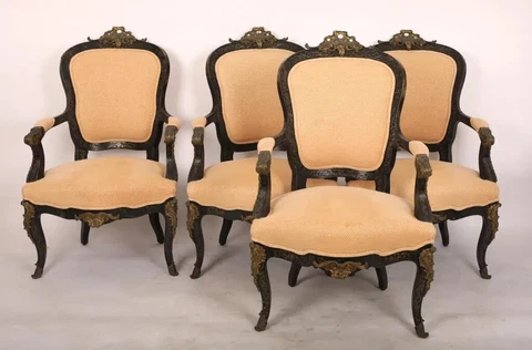 (4) Piece 19th Century French Roccoco and Louis XIV style arm chairs with Boulle Cover