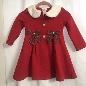 Blueberi Boulevard Christmas Coat Girls 4 Red Bows Faux Fur Collar Sparkle - Picture 1 of 14