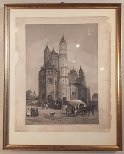 DOM zu WORMS / Westseite - Originaler Stahlstich um 1850, gerahmt - Bild 1 von 3
