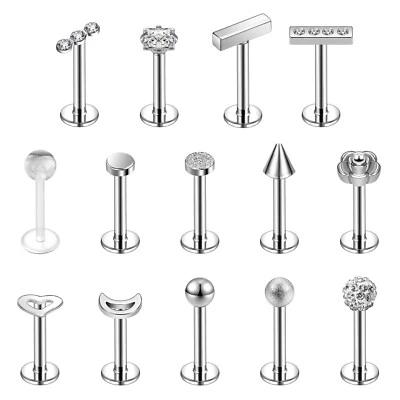 Juego de piercing labial Labret 16G circonita cúbica acero inoxidable perno labial oreja piercing joyería Foto 1 de 4