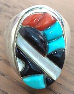 Vintage Zuni Kopfsteinpflaster Inlay Ring Größe 8 Türkis MOP signiert R> 19g - Bild 1 von 12