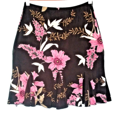 Susan Lawrence ~ 棕色和粉红色花卉球衣 Gored Pull On A 字派对裙 L — 第 1/2 张图片