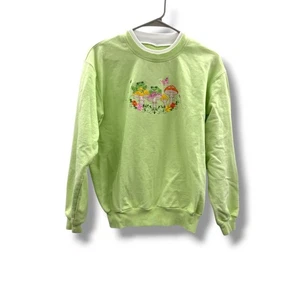 Cute Frog Mushroom Embroidered Lime Green Crewneck Sweatshirt - Picture 1 of 9