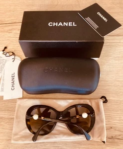 Chanel Sunglasses pearls & Polarised Tortoise Brown cat eye oversize full set Vg - Picture 1 of 23