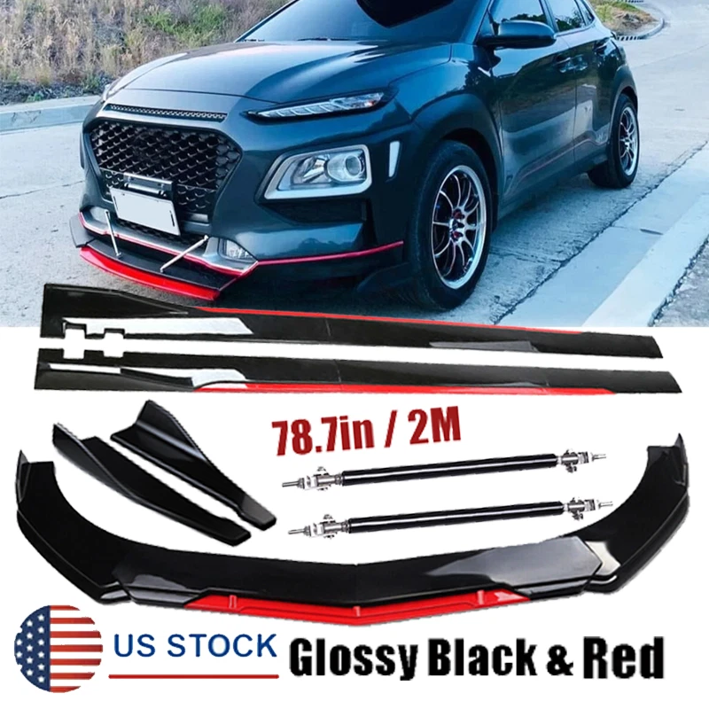 For Hyundai Kona 2018-2024 Front Bumper Lip Splitter Spoiler Glossy Black +Red Foto 1 de 4
