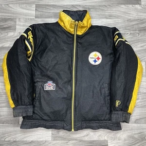Vintage NFL Pro Player Bomber Jacket Mens L Reversible Pittsburgh Steelers Coat - Picture 1 of 3