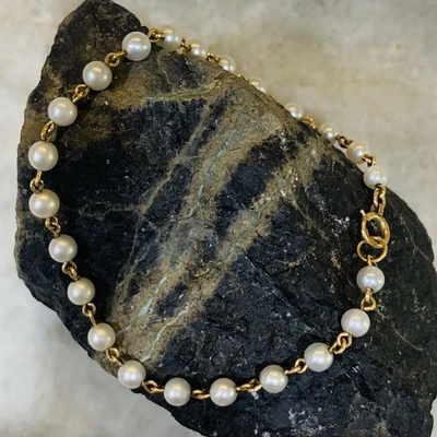 Akoya 珍珠手链 10K 黄金 3.5 毫米 AAA+ 文化 2.96 克站 6.75 英寸 — 第 1/4 张图片