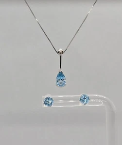 14K WHITE GOLD BLUE TOPAZ & DIAMOND MATCHING EARRINGS PENDANT NECKLACE SET - Picture 1 of 14