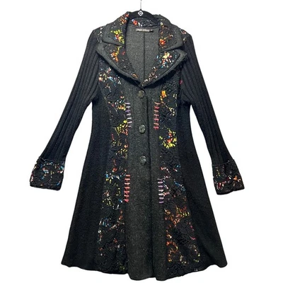 Artsy Mohair Wool Blend Jacket Boutique Coat Crochet Lace Detail Large Boho - Image 1 of 4