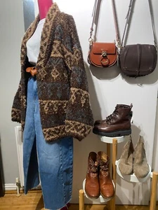 Zara Chunky Knit Cardigan Metallic Thread Jacquard Fair Isle Shawl Collar M-L - Picture 1 of 10