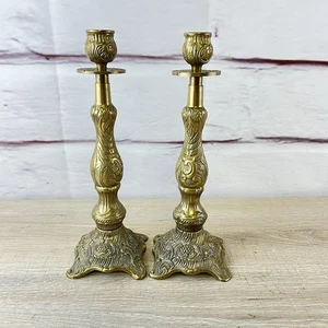 Carved Brass Taper Candlesticks 2pc 10.5" Ornate Pair Gold Tone - Picture 1 of 13
