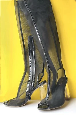 Cape Robbin Benny 5 Thigh High Black Mesh Clear Block Heels Size 9 / 8.5 - Image 1 of 4