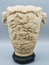 Vintage Chinese Export Carved Scenic Elephant Handle Large Footed Flower Vase
