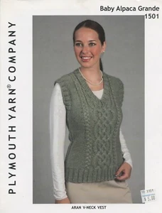 Plymouth KNITTING PATTERN 1501 -Baby Alpaca Grande Aran V-Neck Vest Women 34-50" - Picture 1 of 2