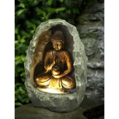 Stoned Golden Meditating Buddha Water Fountain Office Garden Patio Porch Yard - Image 1 of 2
