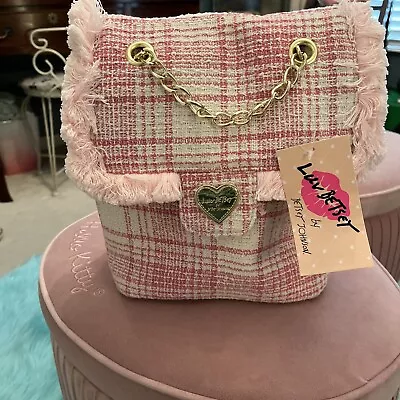 Luv Betsey Johnson Pink Tweed Backpack Purse Handbag Gold Chain Valentines NWT  - Image 1 of 4
