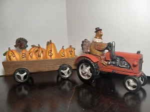 THANKSGIVING TURKEY TRACTOR PULLING PUMPKINS WAGON Figurine "HAPPY HARVEST" Rare - Picture 1 of 24
