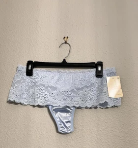 Women Skong Thong Panties Size 10/ 3X Blue Satin Embroidered Floral Stretch Lace - Picture 1 of 18