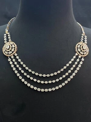 Stunning 5.22 Cts Round Baguette Real Diamonds 3-Strand Tennis Necklace 14K Gold - Image 1 of 4