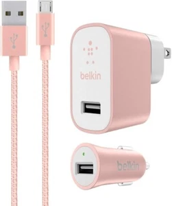 Belkin Micro USB Car Vehicle Wall Head Charger Kit Rose Gold For Iphone / IPad - Picture 1 of 2