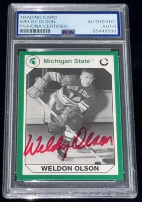 Weldy Olson "MSU Spartans Hockey Legend" Signed Rookie Card Auto (RC) Auto PSA - Image 1 of 2