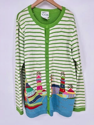 Quacker Factory Cardigan Sweater M Embroidered Lighthouse Boats Beach Striped - Image 1 of 4