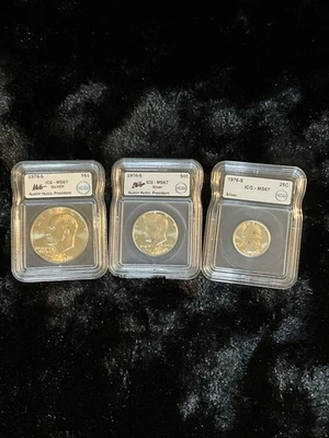 1976 S Silver Set ICG Graded MS 67 Complete Uncirculated 3 Coin Set $1 50c 25c - Image 1 of 2