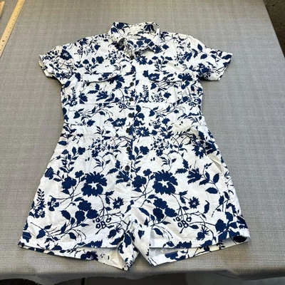 Outerknown Utility Romper Small Blue Floral Print Button Front Short Sleeve - Image 1 of 4