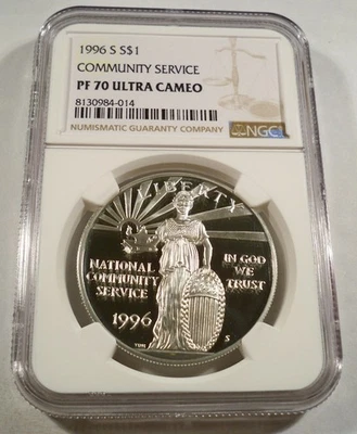 1996-S NGC PF70UCAM SILVER DOLLAR COMMUNITY SERVICE PROOF ULTRA CAMEO S$1 PR 70 - Image 1 of 4