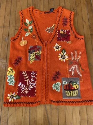 Holiday Editions Womans Orange Fall Knit Vest with Leaves & Pumpkins Zip Front S - Image 1 of 4