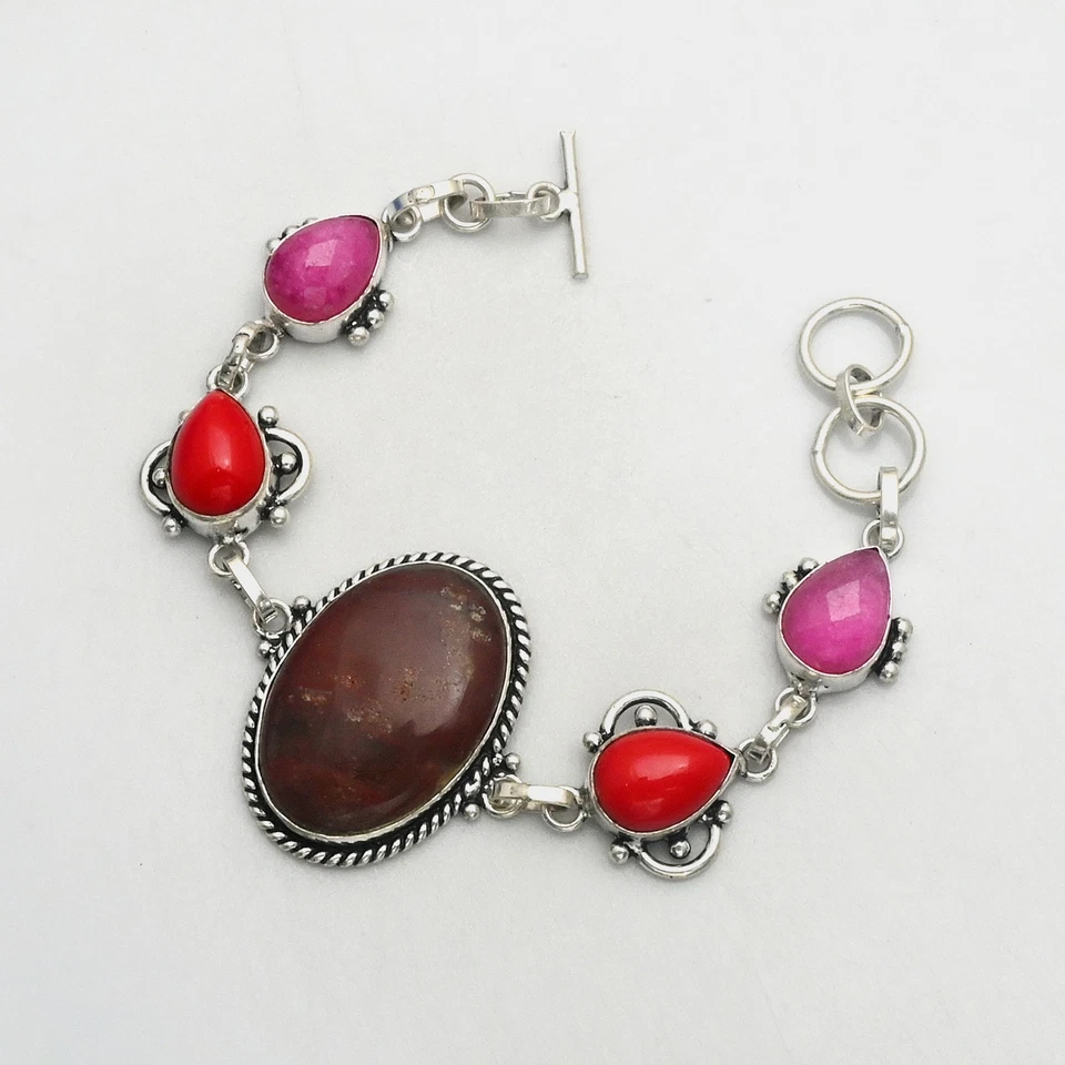 Pulsera étnica hecha a mano de piedras preciosas de coral ágata musgo rojo joyería 25 Gms AB 25923 Foto 1 de 1