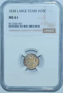 1838 NGC MS61 Large Stars Seated Liberty Half Dime - Picture 1 of 2