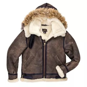 COCKPIT USA B-3 Hooded Sheepskin Bomber Jacket Brown (Long) USA MADE Z203615L - Picture 1 of 5
