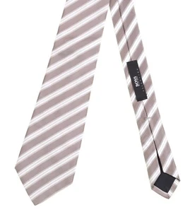 Hugo Boss made in ITALY Brown Silver Blue Satin Ribbon Stripe 100% Silk Tie - Picture 1 of 5