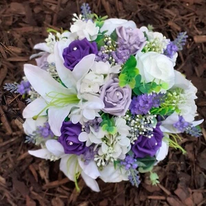Artificial Wedding Flowers Ivory Lilac Purple Rose & Lily Wedding Posy Package - Picture 1 of 78