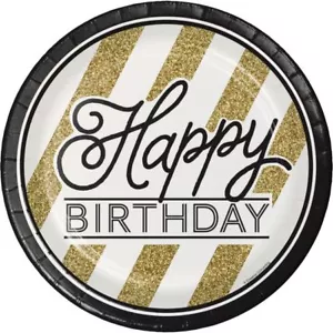 Black and Gold 9 Inch Paper Plates 8 Pack Happy Birthday Party Tableware - Picture 1 of 1