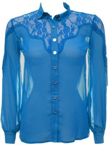 Damen neu Spitze Passe blau Shirt Bluse sexy durchsichtig Oberteil Langarm Smart Freizeit - Bild 1 von 2