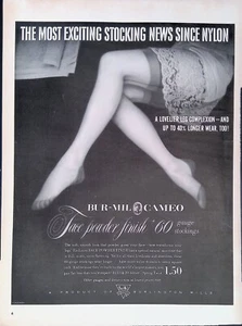 Medias de nailon camafeo Bur-Mil piernas hermosas de mujer años 50 con anuncio impreso vintage - Imagen 1 de 1