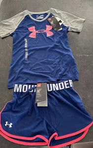 NWT Girls Under Armour Short Sleeve Blue Shirt & Shorts M Athletic Youth Small 6 - Picture 1 of 6