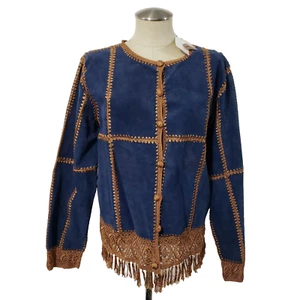 Neu Lew Magram Collection blauer Wildleder Blazer/Jacke mit braunem Handstrick & Fransen 16 - Bild 1 von 12