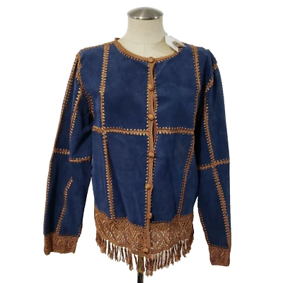 Nuevo Blazer/Chaqueta de Gamuza Azul Colección Lew Magram con Marrón Tejido a Mano y Flecos 16 Foto 1 de 4