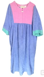Vtg Maxi Kaftan Chenille Dress Blue Pastel Terry Cloth Color Block Plus Sz XL - Picture 1 of 17