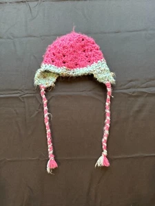Handmade Crochet Pink & Blue Winter Kid's Hat with Ear Flaps and Braided Tassels - Picture 1 of 6